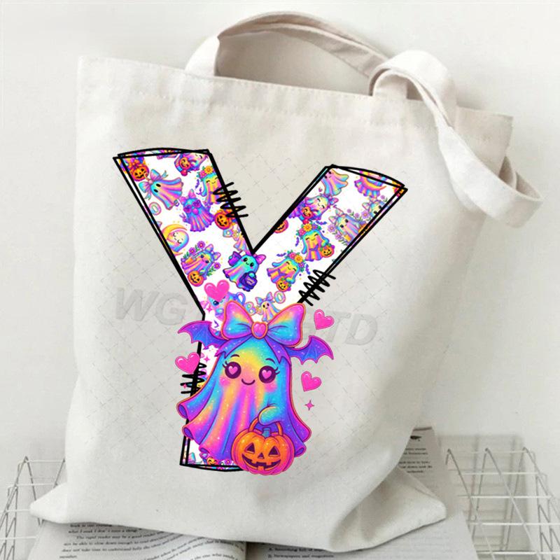 Halloween Alphabet Canvas Bag Going Out Portable Handbag Women's Large Capacity Casual Shoulder Crossbody Bag
