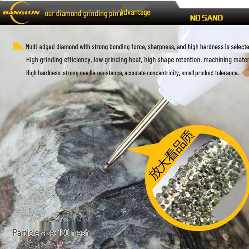 Banglun Diamond 3mm Alloy Grinding Head Set: Jade Carving, Cylindrical, Conical, Ball Needles
