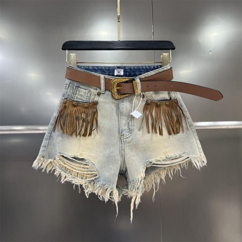 Pantaloncini di jeans retrò con nappe e strappi da donna gamba larga e ampia