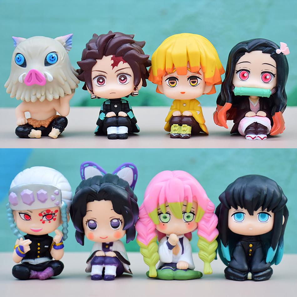8Pcs/Set Q Version Demon Slayer Sitting Ghost Doll Tanjiro Nidouzi Inosuke Zenizu Toy Figural Pvc Statue Collectible Model Gift