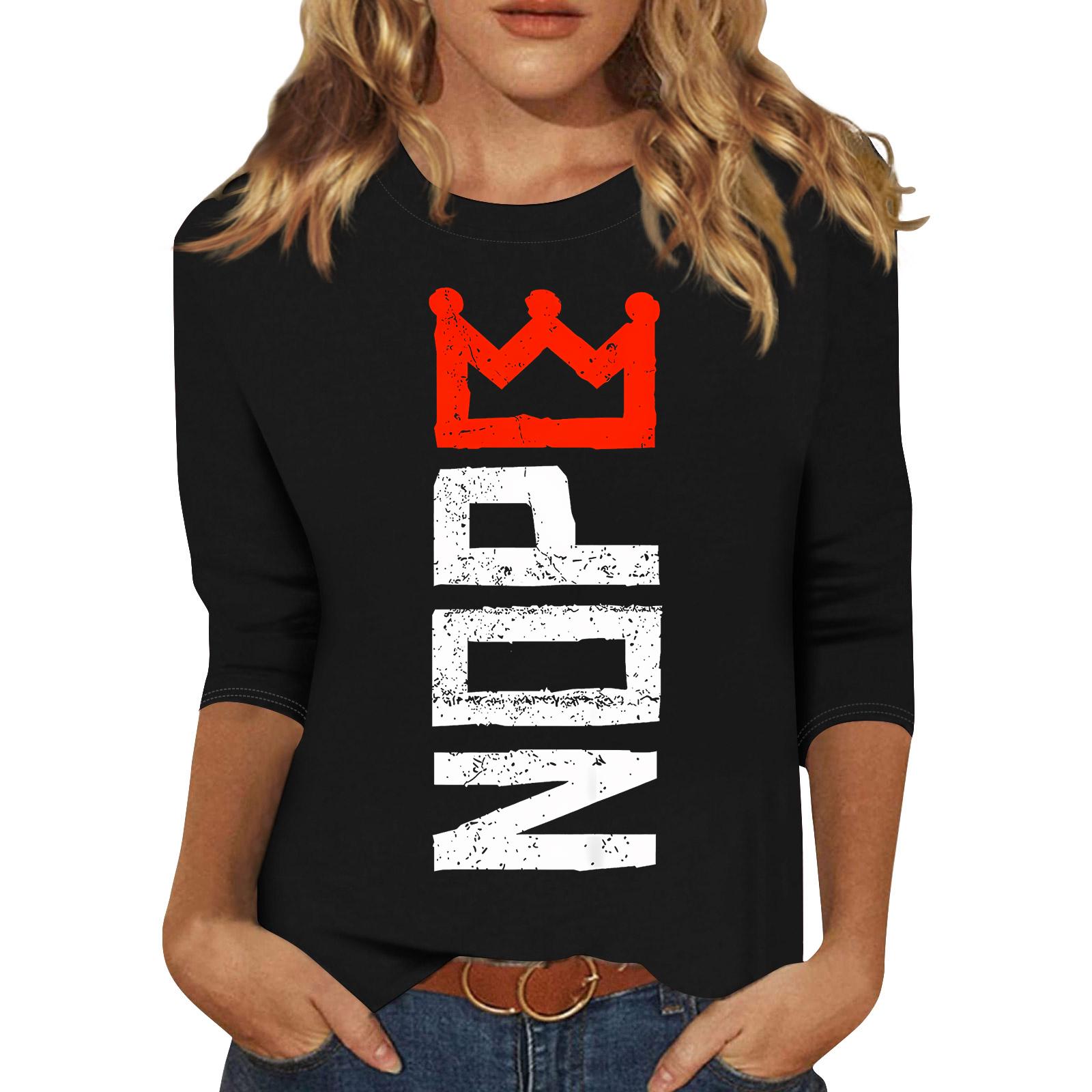 

Women s Casual Three Quarter Sleeve Pullover Sweatshirt Crew Neck Graphic Print Lightweight Top for Everyday Wear S чёрный