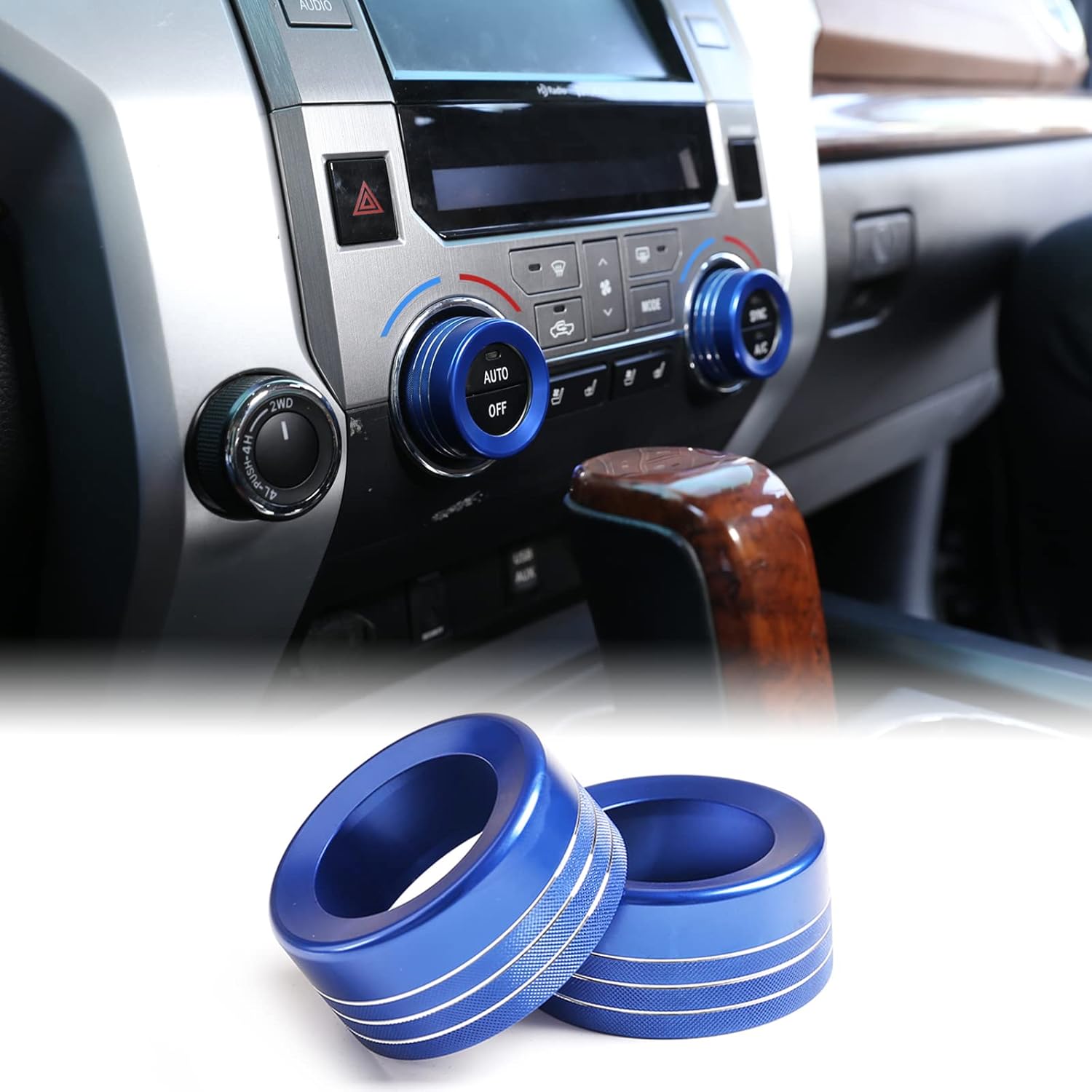 5Pcs Aluminum Air Conditioner Stereo Volume 4WD Switch Knob Ring Covers Compatible with Toyota Tundra 2014-2021 Car A/C Air Conditioning Centre Blue(2Pcs)