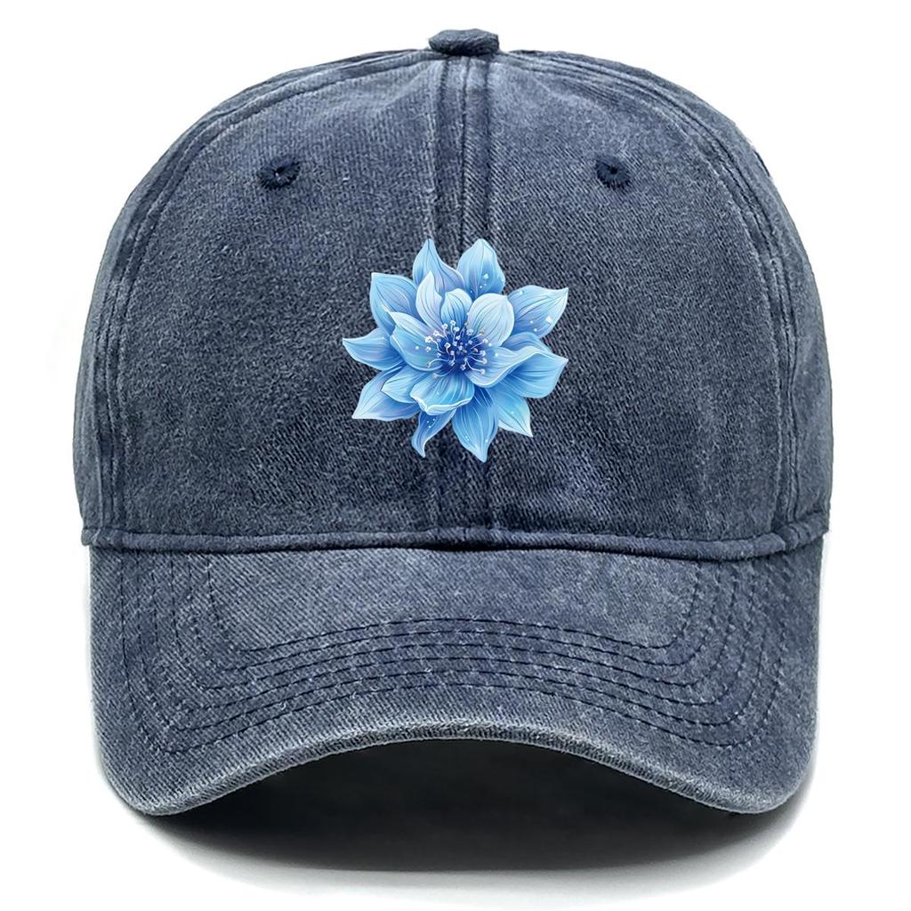 Blue Flower Print Adjustable Baseball Cap, Trucker Hat Raw Brim Simple Retro Casual Snapback Sun Hat