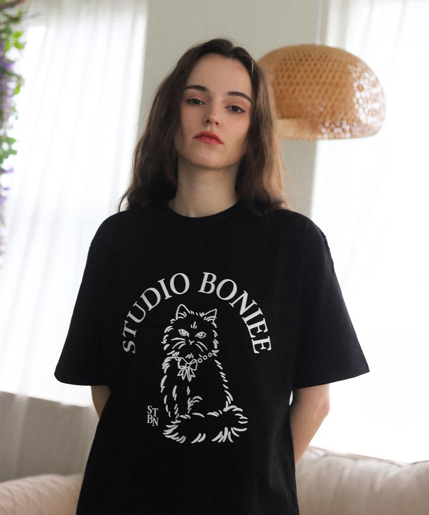 BONIEE New Cat Symbol Cat Graphic Loose Oversized T-Shirt Black