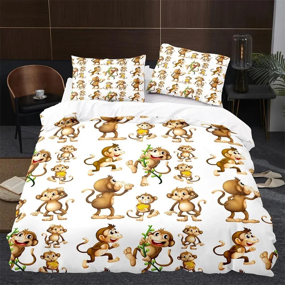 Affe Bettbezug King Queen Lieblich Cartoon Tier Bettwäsche Set für Kinder Junge Mädchen Grün Dschungel Baum 2/3tlg. Polyester Steppdeckenbezug