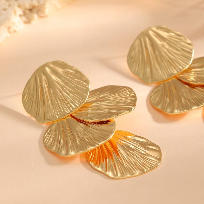Layered Leaf Earrings With Textured Finish Zinc Alloy Gold Tone Fashion Jewelry Women