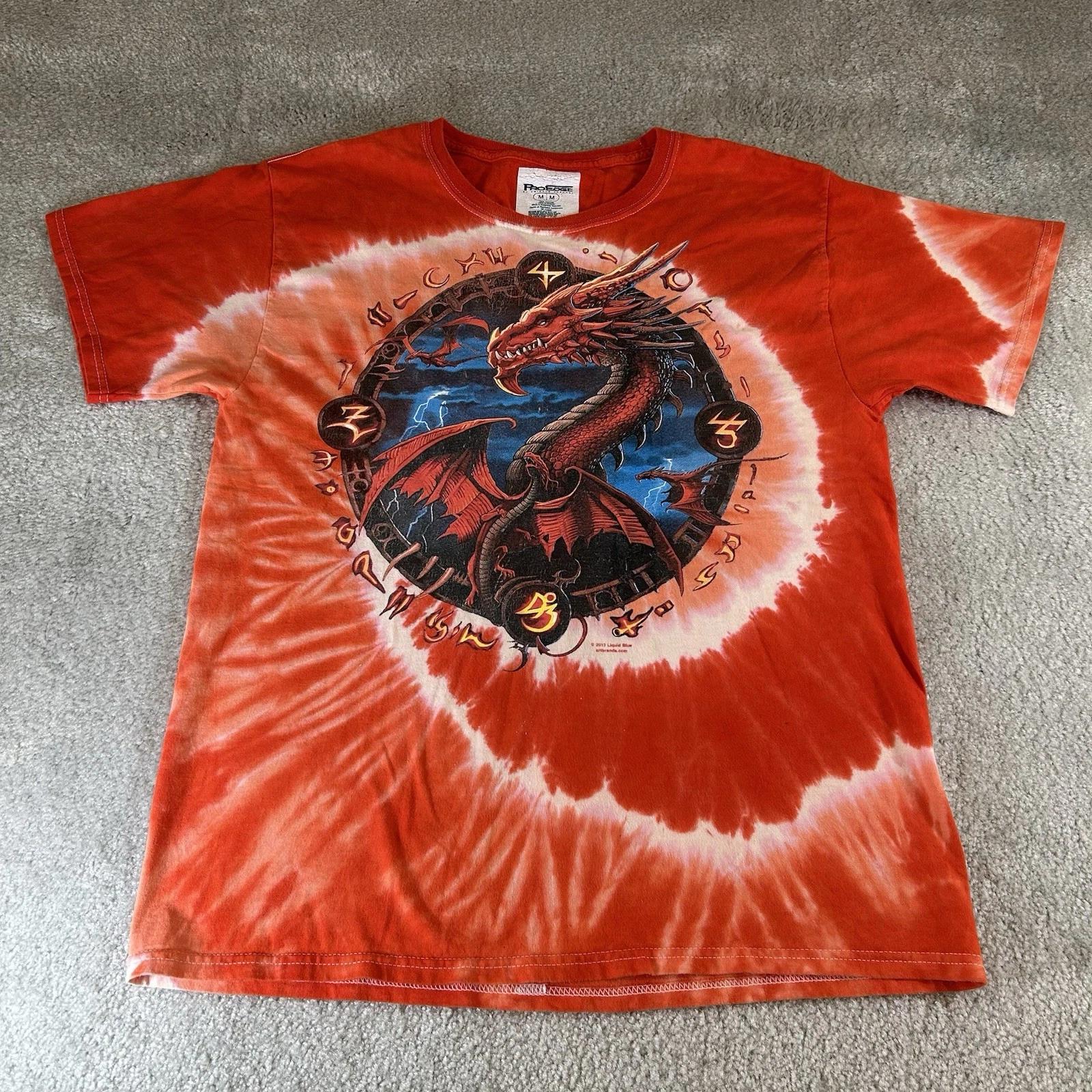 Vintage Y2K Liquid Blue Dragon Fire Tie Dye Graphic T-shirt Red White Medium M