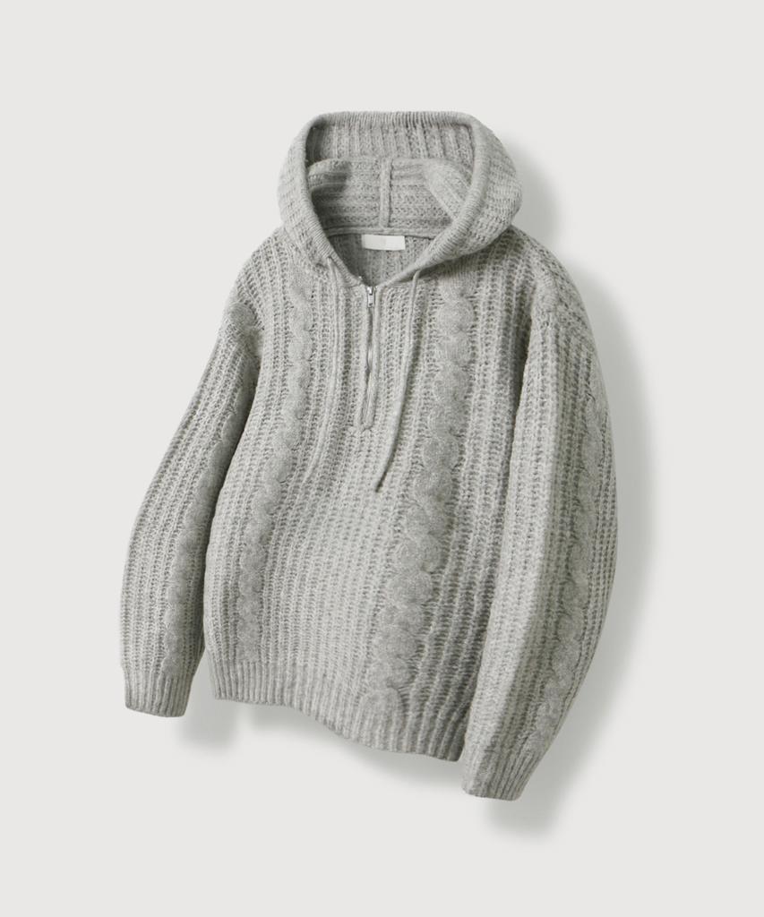 Mood Inside Cable Hooded Half-Zip Knit_ Sand Gray
