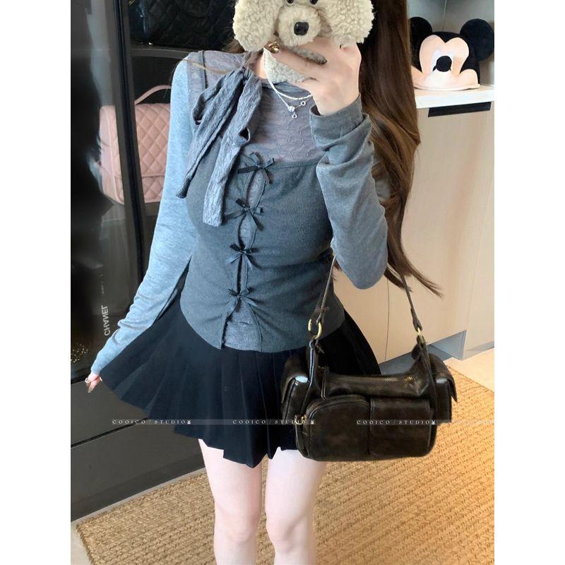 Kumikumi Fashion Suit Elegant Strap Long-Sleeved T-shirt Female Autumn Slimming Easy Matching Sling Vest Two-Piece Set