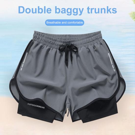 Men Beach Shorts Loose Double Layers Quick Dry Conservative Breathable Swimming Elastic Waist Plus Size Solid Color Swimming Trunks Water Sports