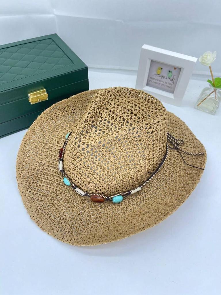 Womens Straw Western Hat With Beaded Band, Bohemian Beach Sun Hat For Summer Vacation