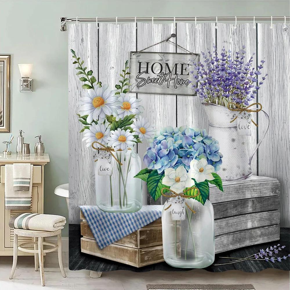 Rustic Wooden Panel Floral Shower Curtain Hummingbird Sunflower Lavender Polyester Fabric Bath Curtain Bathroom Decor with Hooks