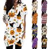 Women's V Neck Halloween Print Short Sleeve Pullover Dress with Pocket Casual Loose Fit Tunic Dress for Daily Wear