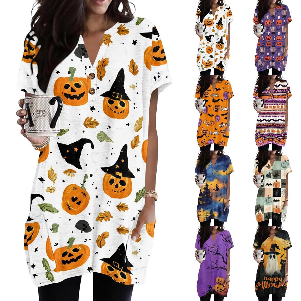 Women's V Neck Halloween Print Short Sleeve Pullover Dress with Pocket Casual Loose Fit Tunic Dress for Daily Wear