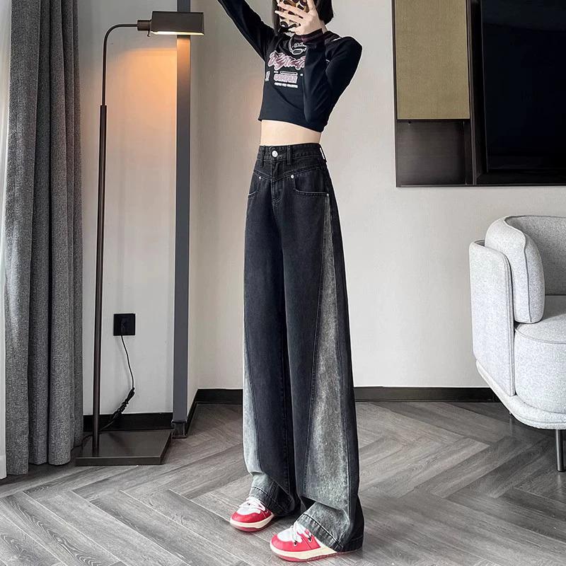 

Джинсы градиентные с высокой посадкой, облегающие, с широкими штанинами для женщин - Маленький размер, идеально подходят для весны, осени и зимы S 42-47 kg черный серый