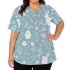 Women's Fashionable V-neck Short-sleeved Work Top With Double Side Slits And Pockets, Featuring Easter Bunny And Egg Prints.