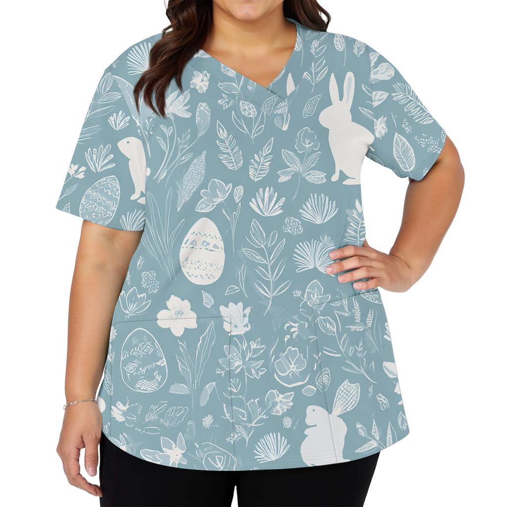 Women's Fashionable V-neck Short-sleeved Work Top With Double Side Slits And Pockets, Featuring Easter Bunny And Egg Prints.