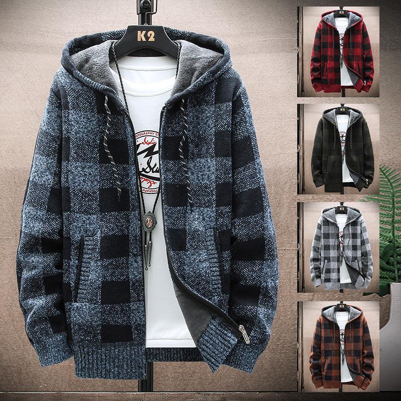 Plaid Hooded Cardigan Men Clothing V Neck Sweater Men Cardigen Retro Clothes Hip Hop Knitwear Autumn Winter