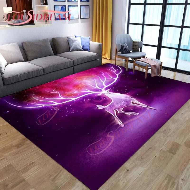 3D Cartoon Deer Rug Wildlife Mountain Landscape with Forest Carpet for Home Living Room Elk Carpet for Laundry Kids Play Carpets