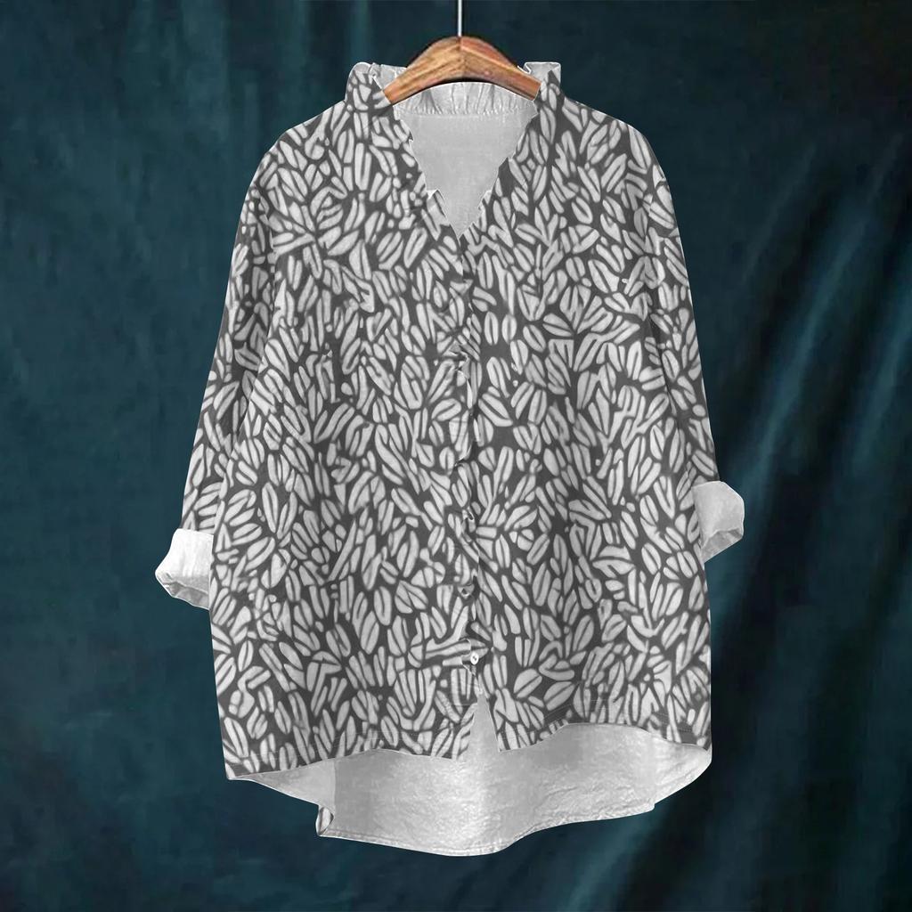 Women's Loose Ruffled Retro Floral Print Stand Collar Long Sleeve Cotton And Linen Top