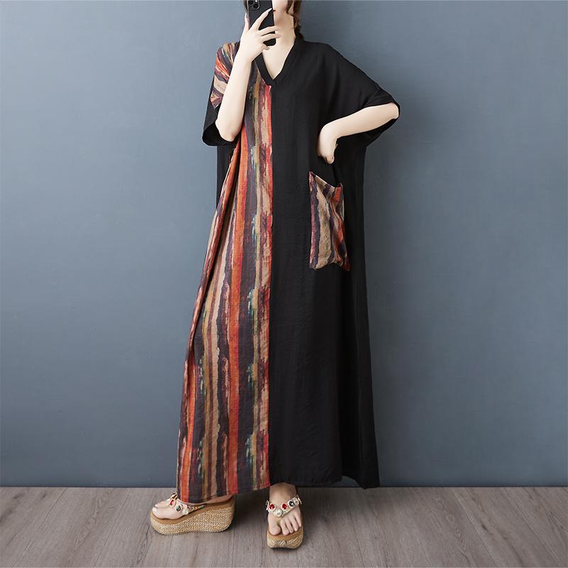 

DIMANAF Women Summer New 2025 Plus Size Dress Casual V-Neck Stripe Long Dress Vintage Loose Dress Maxi One Size чёрный