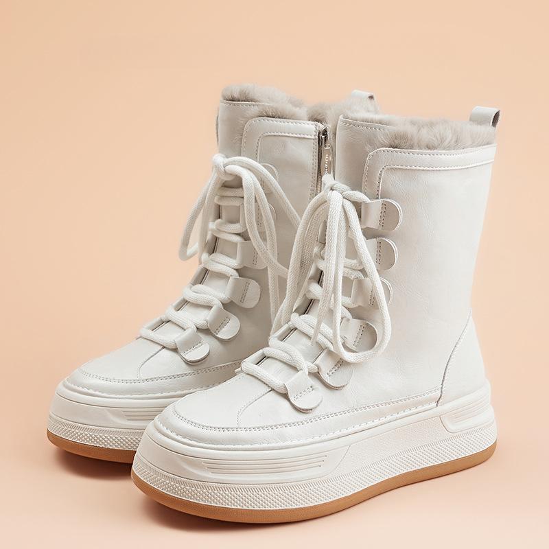Women's Winter Chunky Platform Snow Boots Lace-Up Non-Slip Warm Fur Lined Ankle Booties Comfortable Walking Shoes Leather Mid-Calf Boot for Women