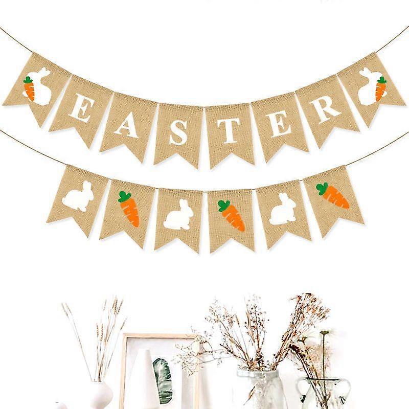 Happy Easter Banner Burlap - Rustic Easter Decorations - Easter Bunny Banner For Mantle Fireplace - Spring Easter Party