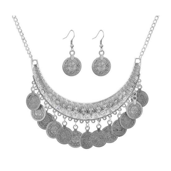 

2Pcs/Set Necklace Earrings Set Adjustable Chain Retro Engraved Pattern Coin Tassels Bridal Necklace with Rhinestones Inlaid Jewelry Gift