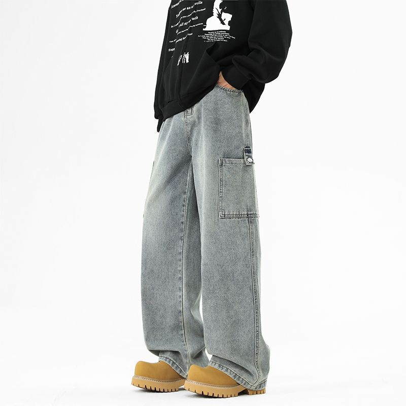 American High Street Trendy Brand Big Pocket Tooling Jeans Men's Trend Loose Wide Leg Drape Straight Trousers Men