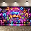 Runtow 1pc Neon Music Theme Background Cloth ,Happy Birthday Backdrop, Birthday Party Decoration