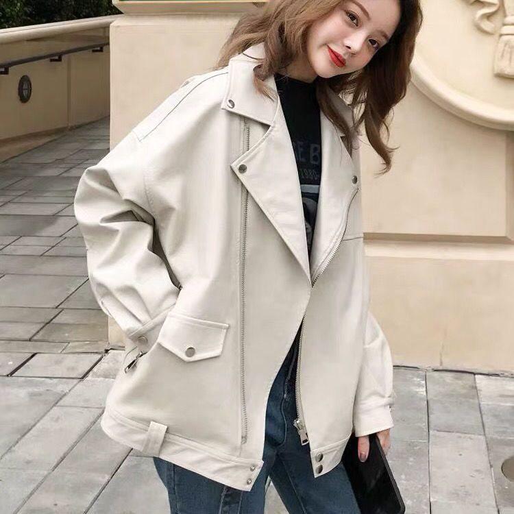 

Women s Thick PU Leather Motorcycle Jacket - Spring/Summer, Korean BF Style, Loose Fit, College Short Outerwear S - Suitable for 40-53 kg