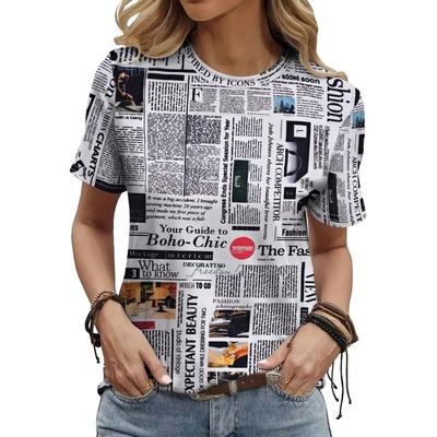 Tricou de damă mărime mare, cu imprimeu ziar 3D, mânecă scurtă, lejer și casual, moale, confortabil și respirabil, pentru sport în aer liber
