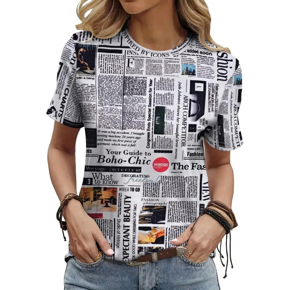 

Ladies Plus Size 3D Newspaper Printed Short Sleeved T-shirt, Loose and Casual, Soft, Comfortable and Breathable, Outdoor Sports S