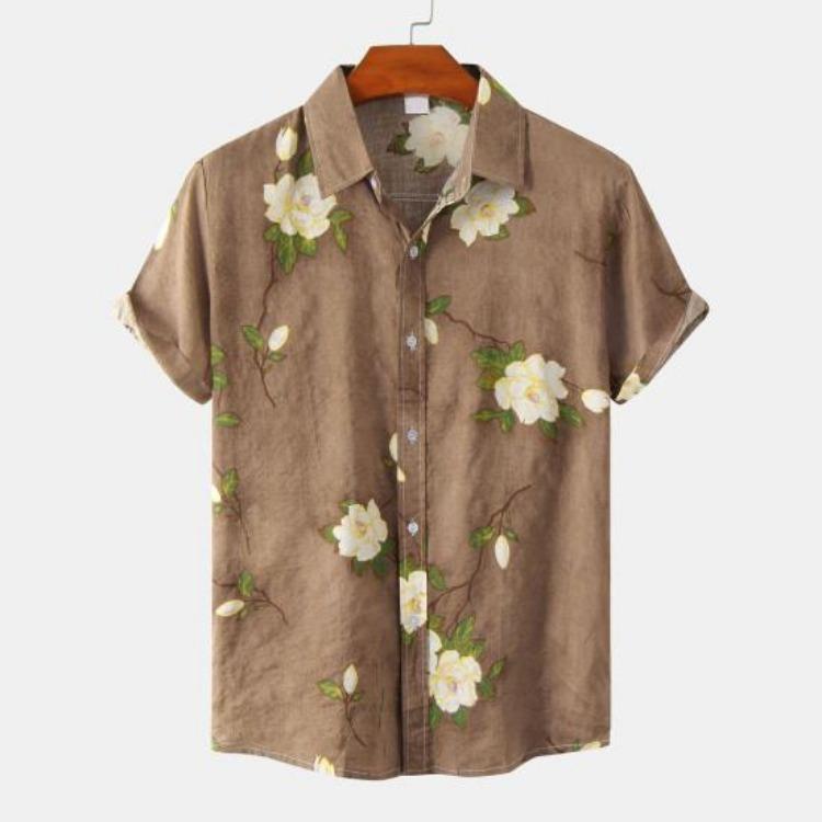 Men Summer Hawaiian Shirt Floral Leaves Print Streetwear Chic Single Breasted Thin Shirt