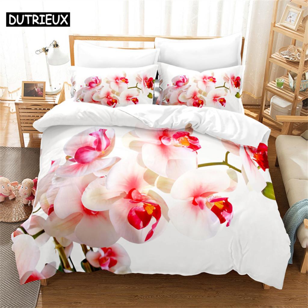 Pink Phalaenopsis Queen Bedding Set Girls Duvet Cover Bedroom Bed Set Comforter Cover Set King Size Duvet Cover Set Bedding Sets