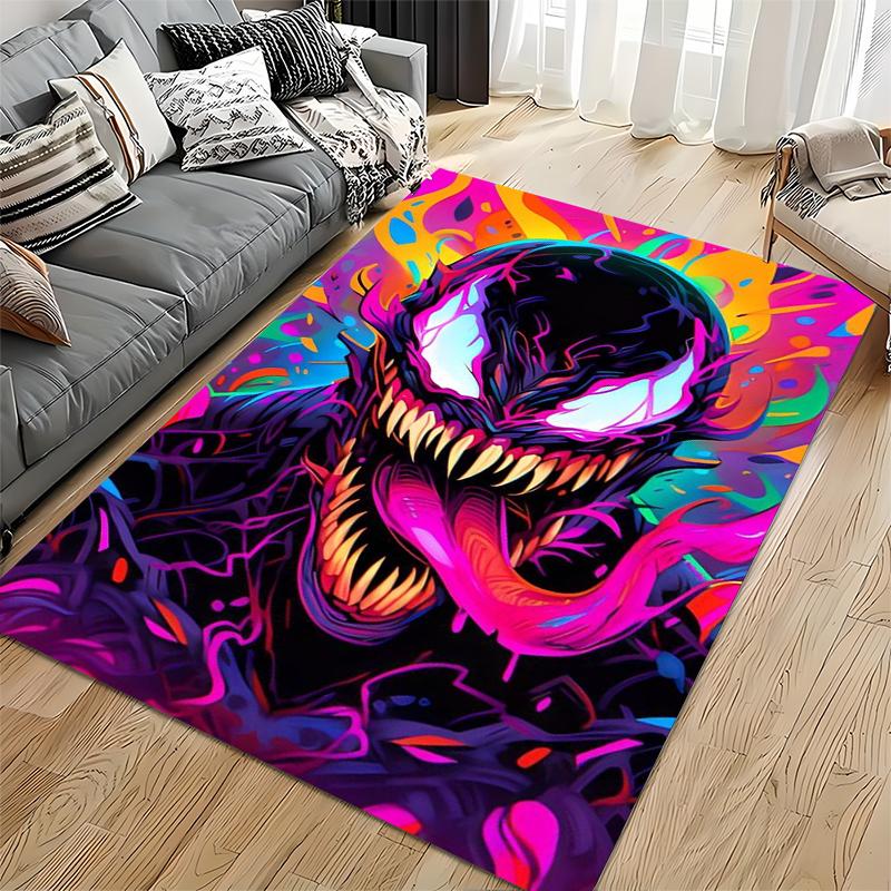 Marvel Superhero Area Rug, Venom Neon Psychedelic Symbiote Face Print, Comic Book Fan Bedroom Game Room Decor, Non-Slip Mat