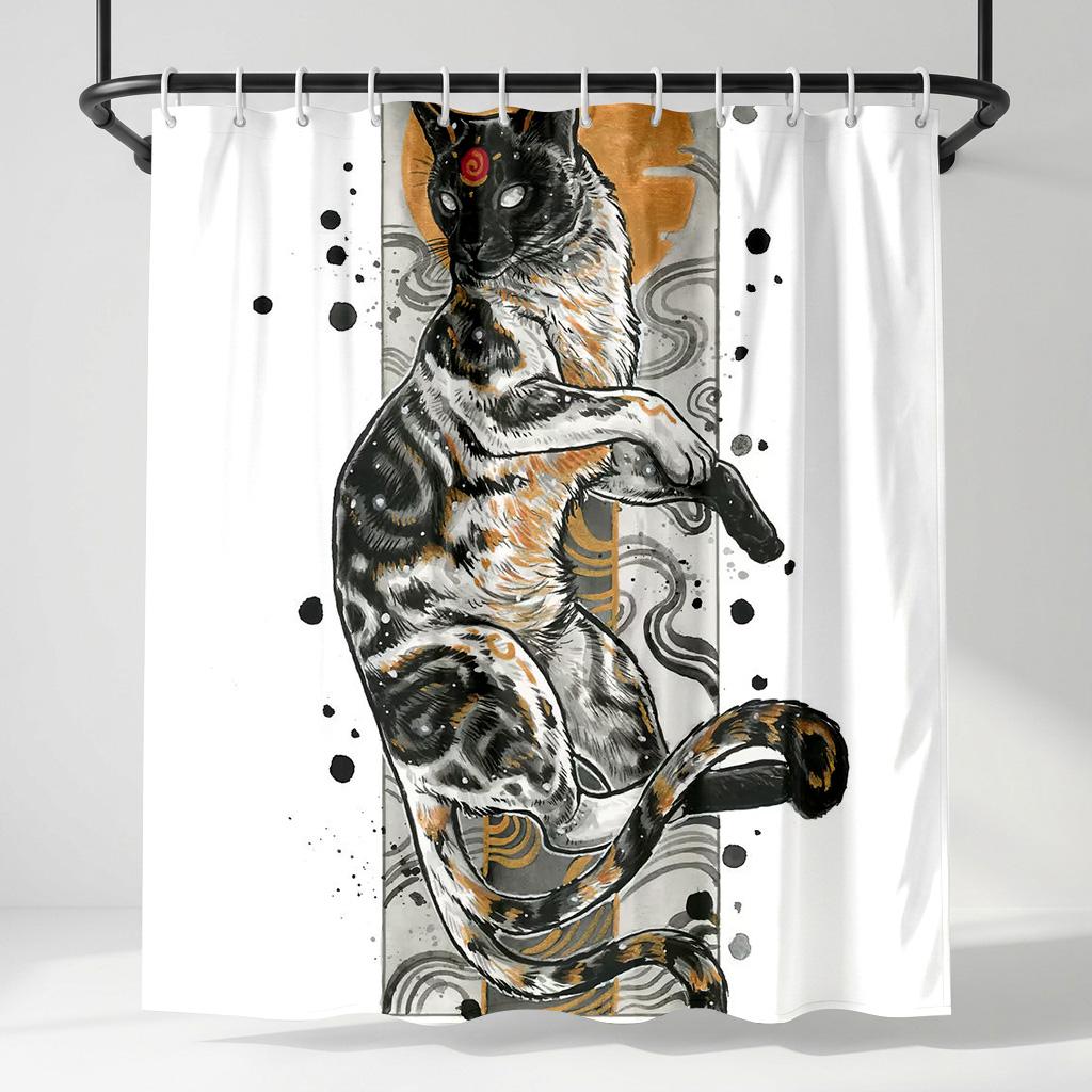 

Japanese Style Cat Shower Curtain, Ukiyo-E Inspired Zen Kitten Bathroom Decor, Mysterious Ink Art Fabric Bathroom Curtain W60H190(CM)-1 Pcs
