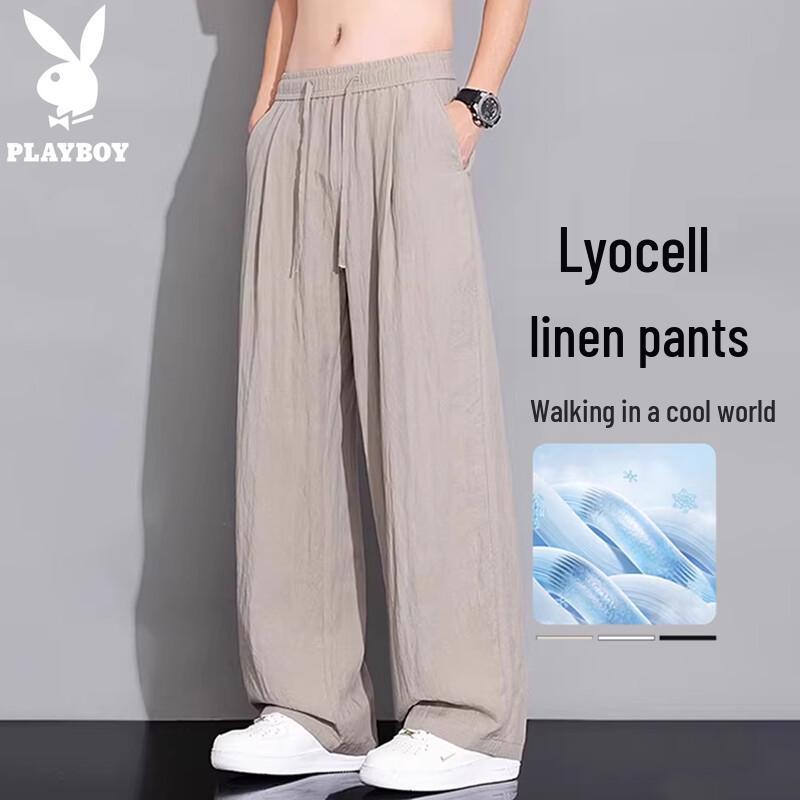 PLAYBOY Men s Summer Ice Silk Linen Loose Straight Casual Pants S