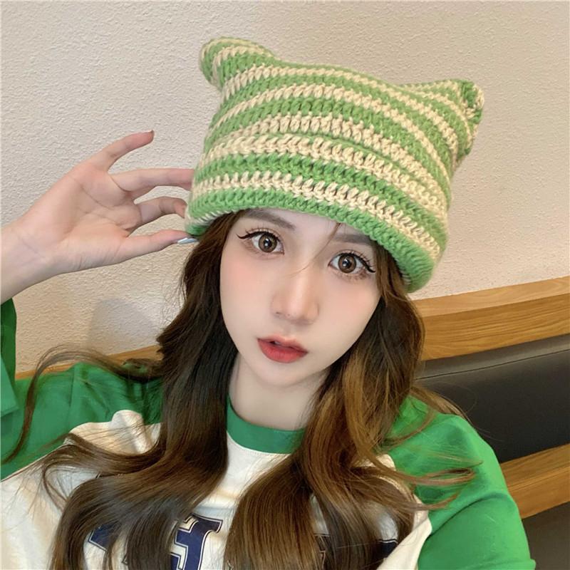 Little Devil Striped Knitted Wool Hat Female Cute Cat Ears Pointed Hat Pullover Ear Cap