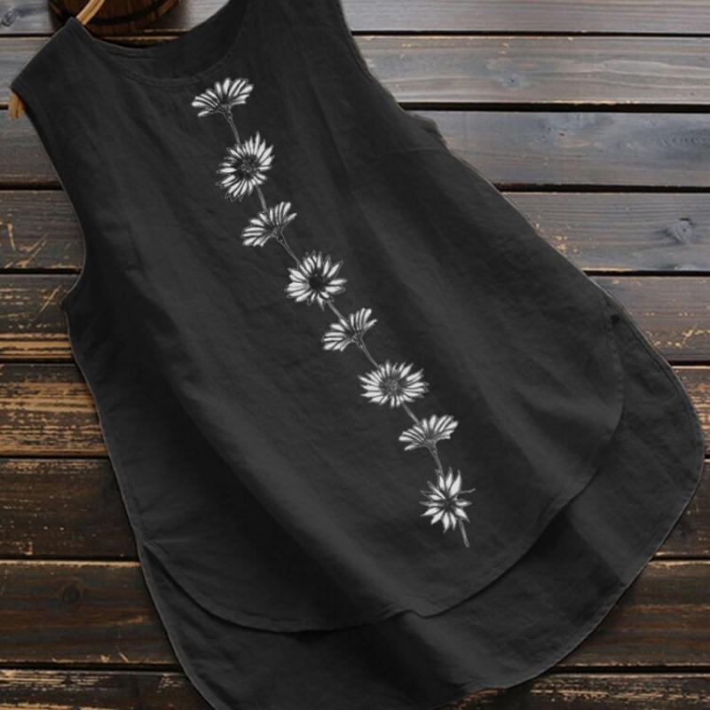 

Summer Daisy Print Sleeveless Round Neck Casual Vest for Women Cotton and Linen Tops in Stock S чёрный