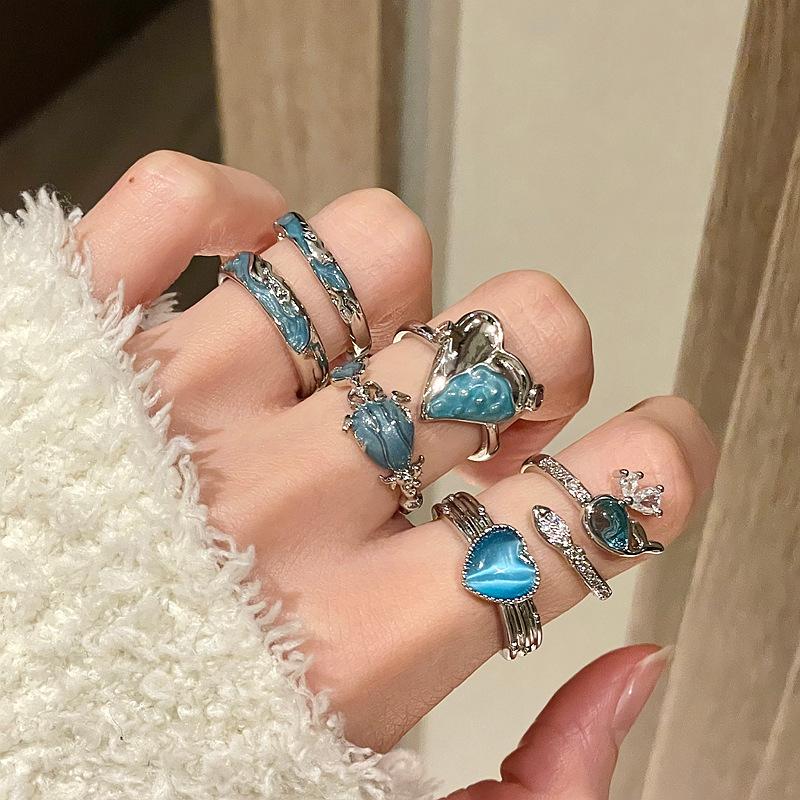 Sea Blue Fashion Dripping Oil Niche High-End Open Ring Zircon Light Luxury Love Accessories Women