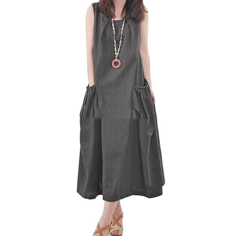 Sommer ärmelloses Maxikleid Damen Mode Arbeit Urlaub Sommerkleid Lässig Einfarbige O-Ausschnitt Vestidos Midi Robe Oversize