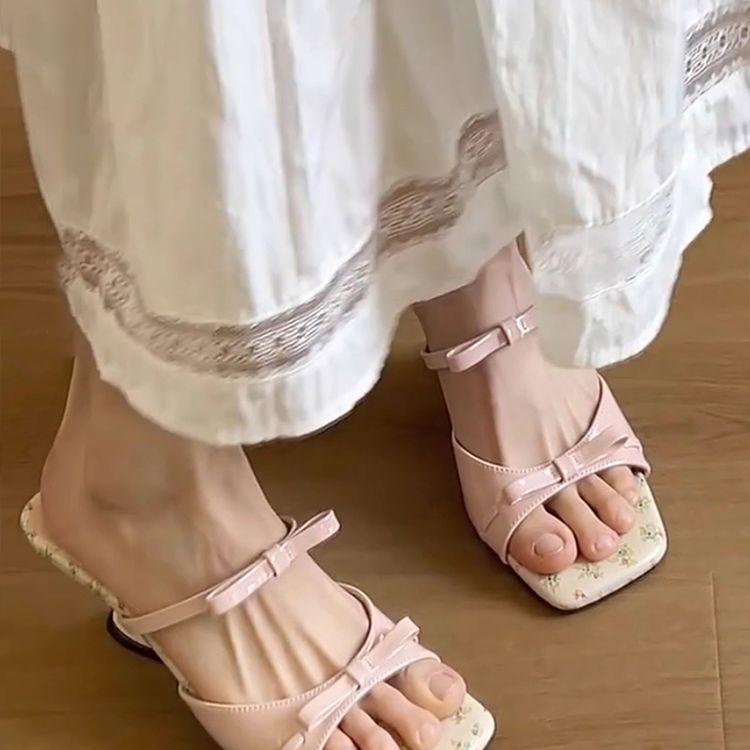 floral bow wedge sandals women's summer wear 2025 new square head cool slippers with skirt high-heeled slippers