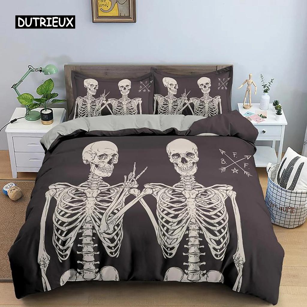 Skeleton Duvet Cover Set Microfiber Bedding Set Twin Size Halloween Funny Skeleton Sku
