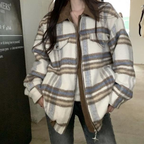 Women s Retro Corduroy Plaid Woolen Jacket with Lapel and Zipper M