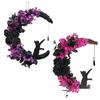 Halloween Wreath for Front Door Black Cat Moonlight Garland LED Lights Door Decor with Purple Flowers Indoor Outdoor Spooky Party Decoration