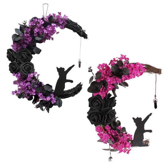 Halloween Wreath for Front Door Black Cat Moonlight Garland LED Lights Door Decor with Purple Flowers Indoor Outdoor Spooky Party Decoration