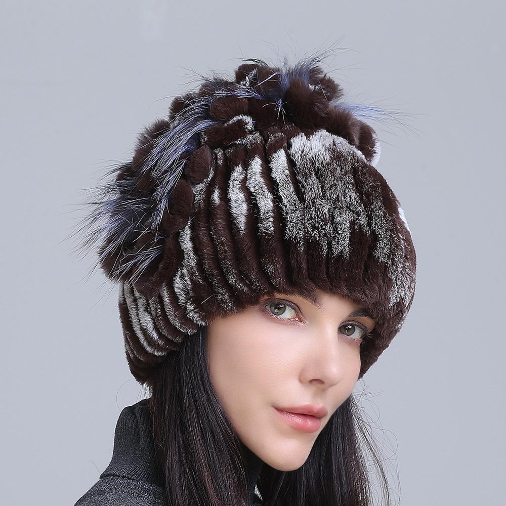 Winter Women's Warm Fashion Thick Wool Hat Rex Rabbit Fur Hat Knitted with Side Flower Hat