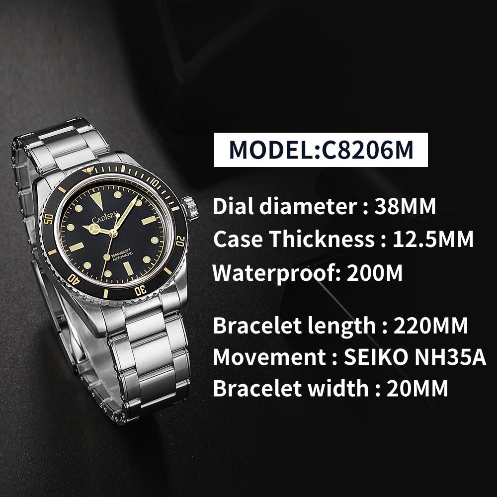 Cadisen 8206 Neue Top-Marke, Luxus-Herrenuhr mit Box, 200 m wasserdicht, automatische Herren-Mechanische Uhren