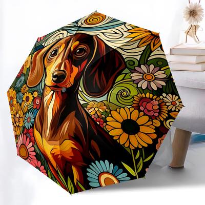 1pc Dachshund Flowers Umbrella Portable Folding Umbrella Durable Iron Frame, Suitable for All Seasons Home Travel Outdoor Yy260319014